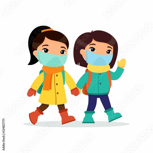 Asian schoolgirls going to school flat vector illustration. Couple pupils with medical masks on their faces holding hands isolated cartoon characters. Two elementary school students with backpacks