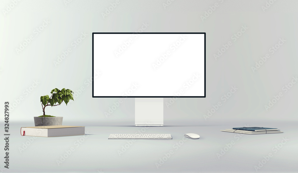 New desktop computer pro display with keyboard and mouse on background. Blank flat monitor screen. Modern creative workspace background. Computer front view. New desktop computer pro display with keyboard and mouse on background. Blank flat monitor screen. Modern creative workspace background. Computer front view.