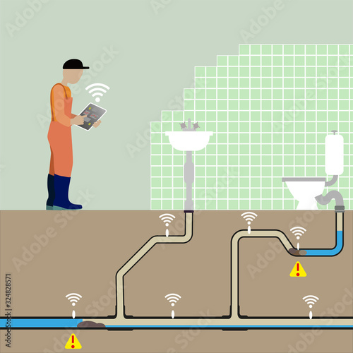 5G technology for smart water monitoring systems to easily locate water leaks, stops or disturbances.   Water leak can be detected at an early stage thereby avoiding consequential damages. Vector Ill.