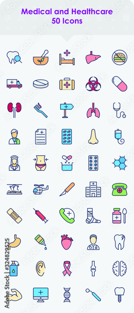 Fototapeta premium Medical and Healthcare Vector Color Line Icon Set, Physician Office Equipment on White Background, Human Body Parts Concept, Hospital Supplies Symbol, 