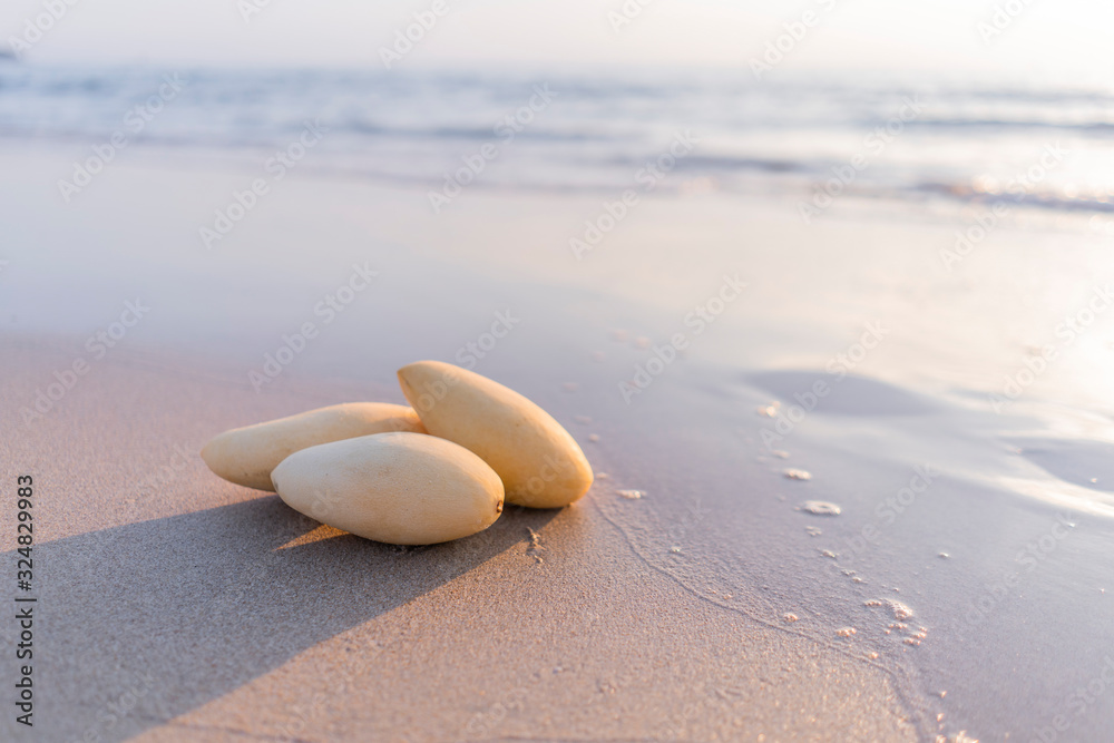 Obraz premium Three juicy fresh yellow mangoes lie on the sand against the background of the sea and sunset. Photo is ideal for advertising, poster and wallpaper