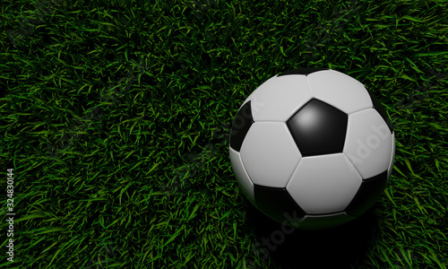 Realistic soccer ball or football ball basic pattern  on  green grass field. 3d Style and rendering concept for game at  Japan 2020. © Superrider