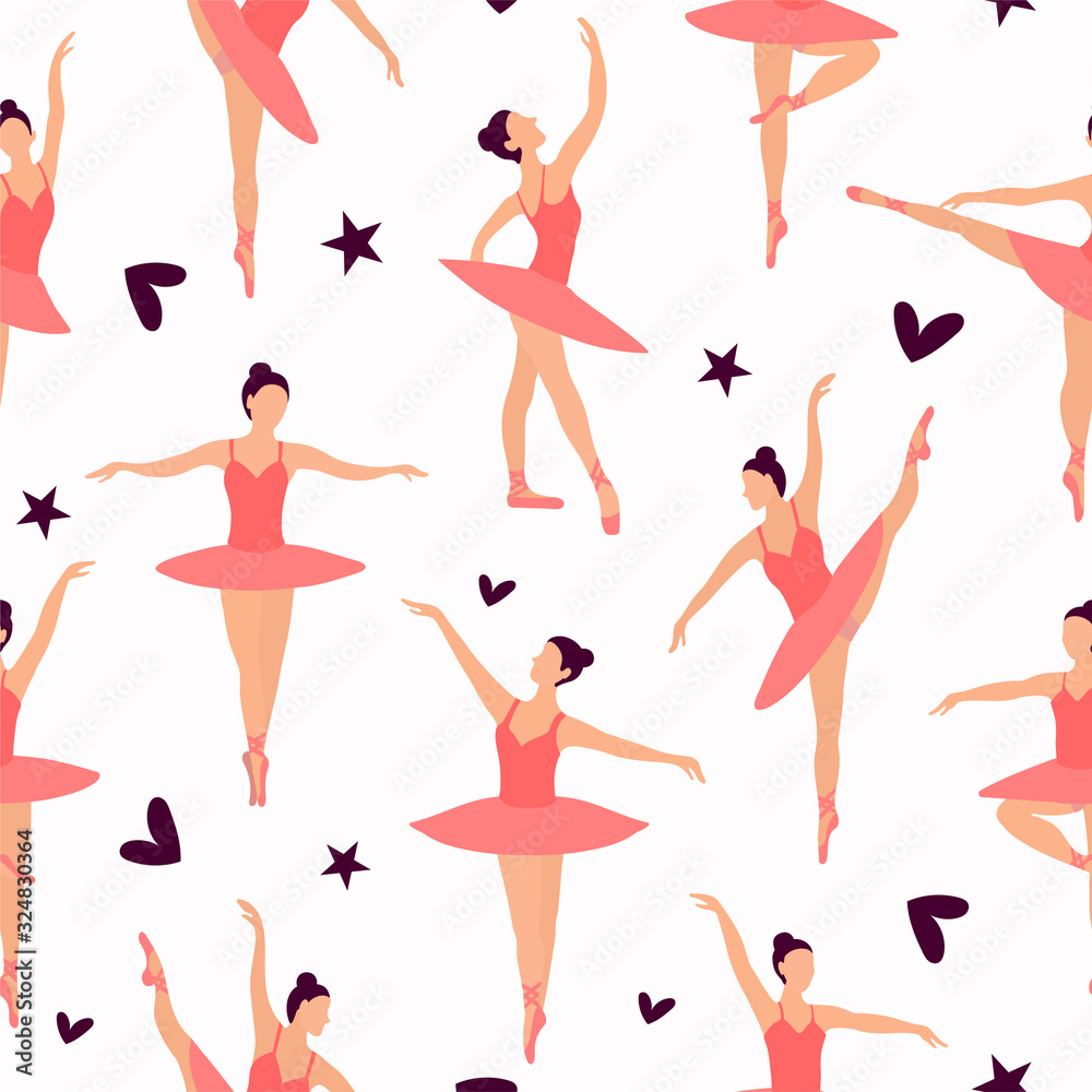 Seamless pattern of Dancing ballerinas silhouette in light-pink pointe shoes, tutu and leotard for ballet on a white background. Pastel colors and small randomly located ballerinas.