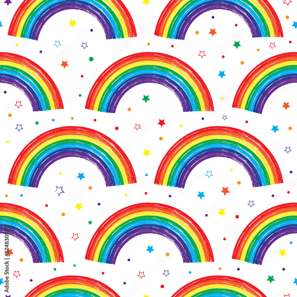 Seamless pattern with rainbows, stars and circles on white background for textiles, print design, website background.