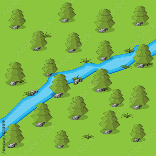 vector illustration background image of an array of Christmas trees drawn in origami style in isometric with river and grass, and stones on a green background