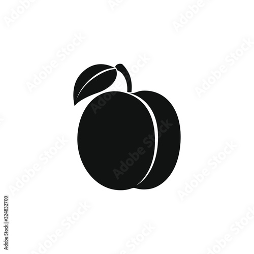 Plum graphic icon. Plum isolated black sign on white background. Symbol plum with leaf. Vector illustration
