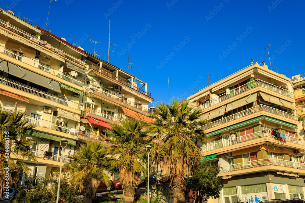 Thessaloniki, Greece - February 12 2020: streets and houses of Thessaloniki Thessaloniki, Greece - February 12 2020: streets and houses of Thessaloniki