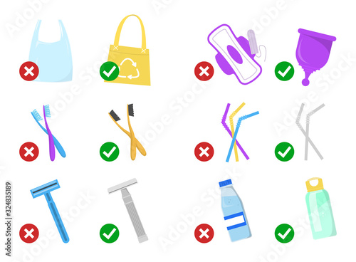 Zero waste lifestyle tips vector isolated. Replace plastic