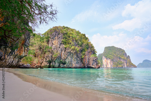 Beautiful landscape with rocks, cliffs, tropical beach. Hong Island, Thailand.