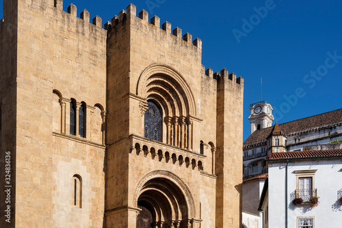 West façade of the Old Cathedral of Coimbra. Coimbre, Portugal