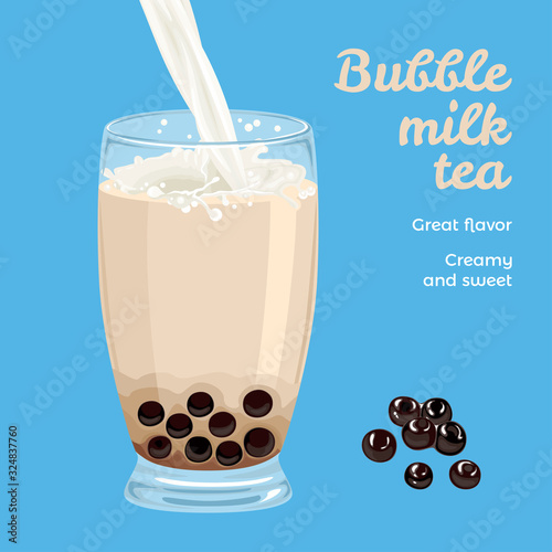 Bubble Milk Tea in glass isolated on blue background. Boba Tea  Brown Sugar Tapioca Pearl Milk.  Vector illustration of sweet drink in cartoon simple flat style. Pouring milk and splash in glass.