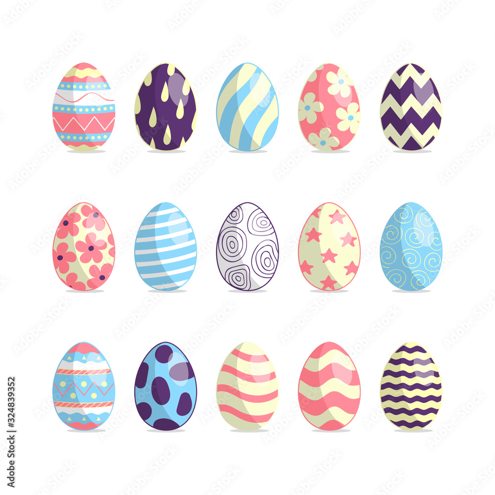 Happy Easter colorful eggs with different pattern. Vector isolated spring holiday watercolor icons. 
