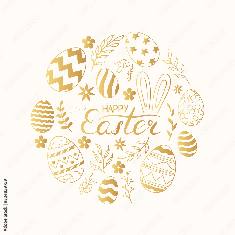 Happy Easter golden frame with bunny ears, eggs and lettering. Cute gold floral holiday greeting card, invitation border.