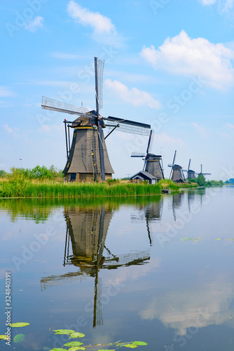 The windmills and the reflection on water in Kinderdijk, a UNESCO World Heritage site in Rotterdam, Netherlands
