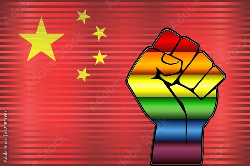 Shiny LGBT Protest Fist on a China Flag - Illustration,  Abstract Shiny China and Gay flags