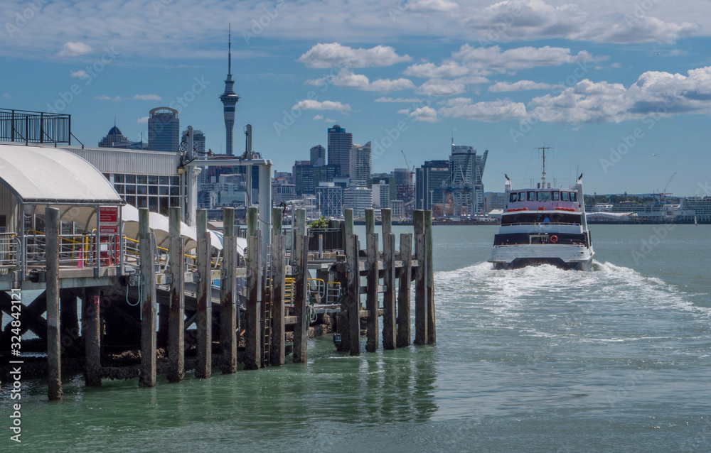 Skyline Auckland New Zealand. Devonport Ferryboat