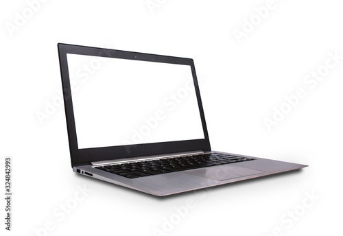 Left side view of Modern slim design laptop with blank screen, isolated on white background with clipping path