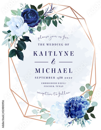 Royal blue rose,  white hydrangea, anemone, eucalyptus, juniper vector design frame