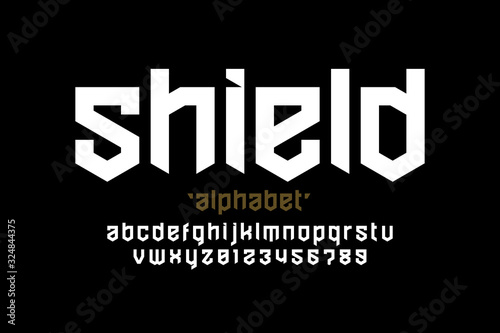 Shield style font design, security, protection theme alphabet, alphabet letters and numbers,