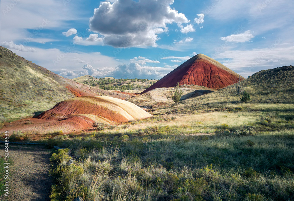 Incredible red and gold clay pyramid and mounds in a park with vegetation, hills, trees and a beautiful blue and white sky on the Red Scar Knoll/Red Hill Trail at the John Day Fossil Beds in Oregon