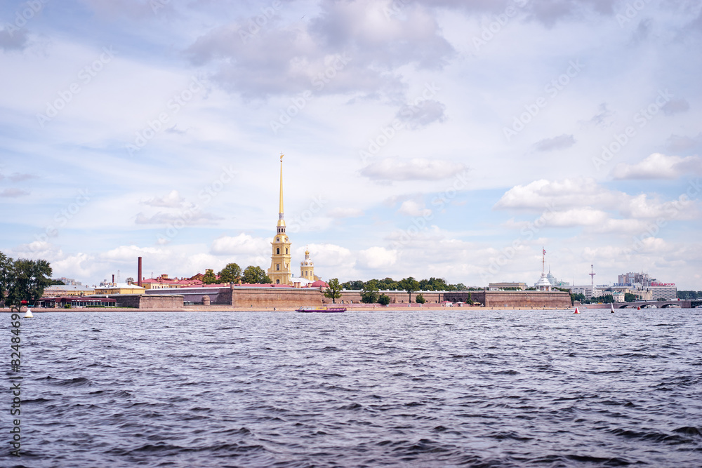 Famous landmark. Paul's and Peter's Cathedral near Neva river in Saint-Petersburg, Russia.