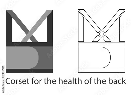 Lumbar corset belt for healthy back. Line and fill illustration.