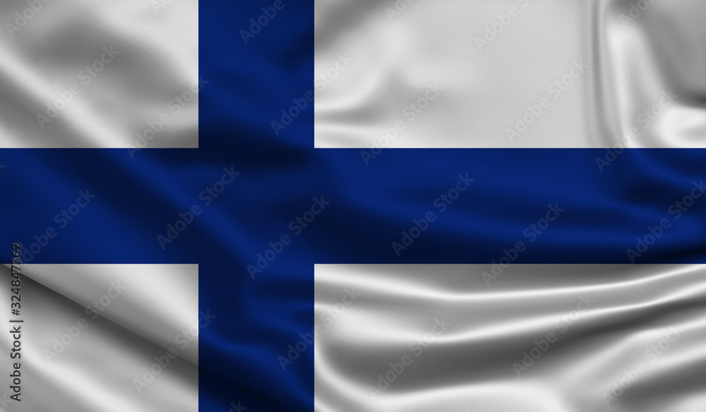 Naklejka premium Finland Waving flag. Silk texture. 3d Illustration.