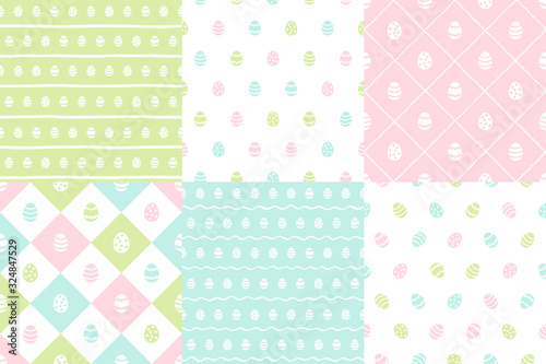 Easter, Paschal eggs regular seamless spring patterns collection, set. Pink, green, blue colors. Tiny painted cute egg shapes with stripes, square check, plaid, wavy doodle hand drawn streaks textures