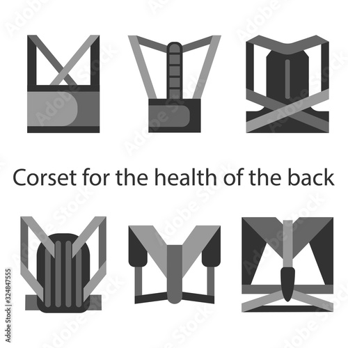 Medical corset for posture healthy back. Set of six types. Line illustrations.