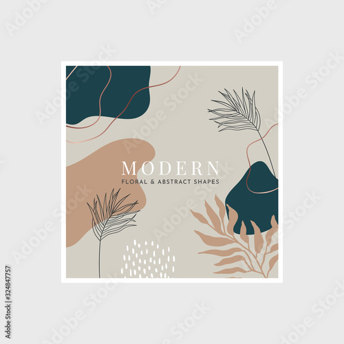 Modern card with floral and abstract shapes. Minimal, trendy template. Vector illustration