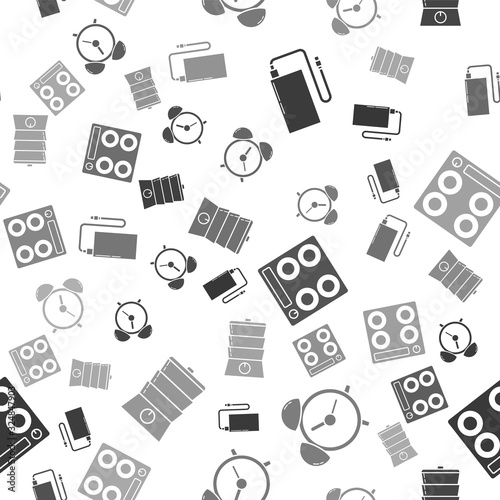 Set Power bank with different charge cable , Alarm clock , Gas stove and Double boiler on seamless pattern. Vector