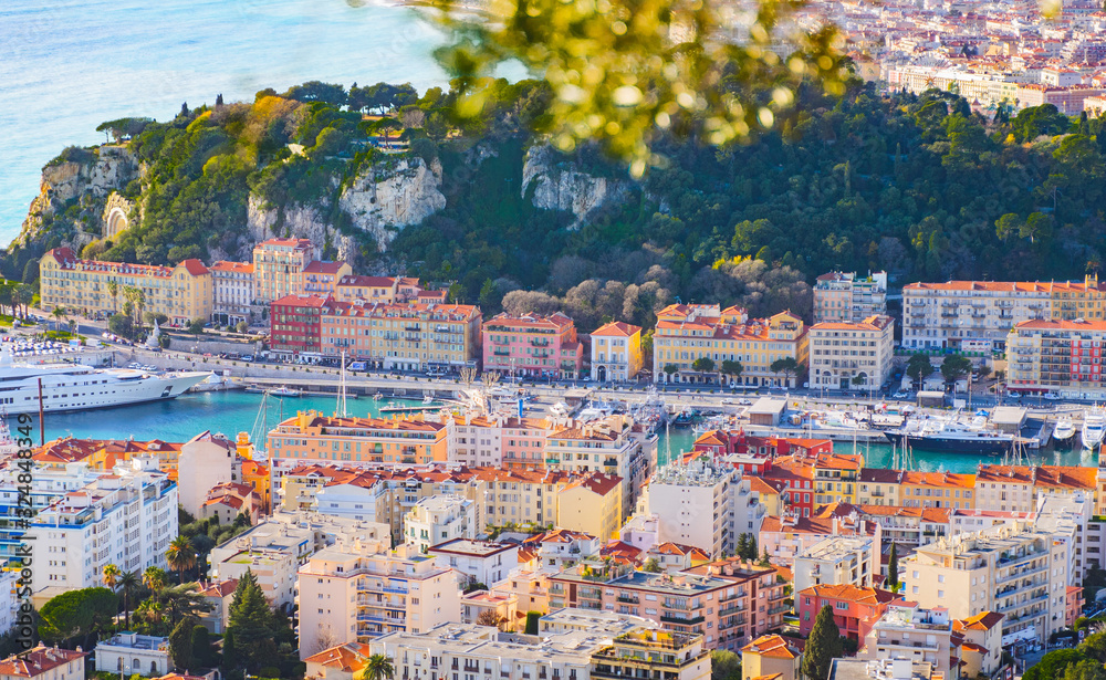 Obraz premium Landscape of harbor, port in Nice. Cote d'Azur France. scenery panoramic aerial city scape view of Nice, France. Luxury resort of French riviera.