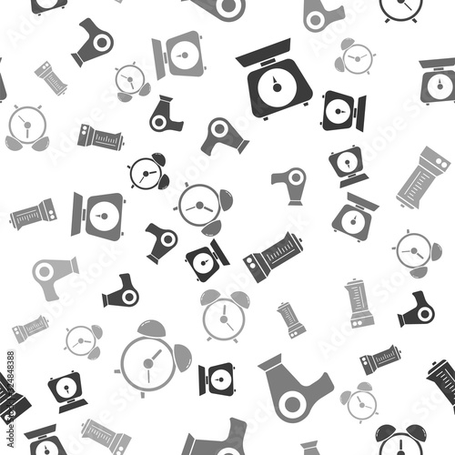 Set Scales , Hair dryer , Blender and Alarm clock on seamless pattern. Vector