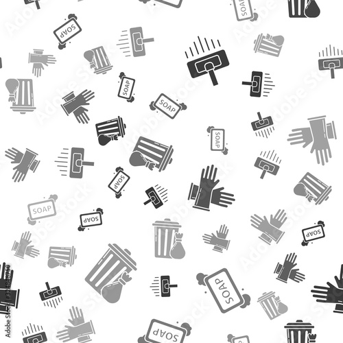 Set Vacuum cleaner, Bar of soap with foam , Rubber gloves and Trash can and garbage bag on seamless pattern. Vector