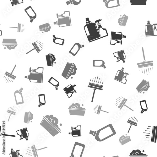 Set Plastic bottles for liquid dishwashing liquid, Plastic bottles for liquid dishwashing liquid, Squeegee, scraper, wiper and Plastic basin with soap suds on seamless pattern. Vector