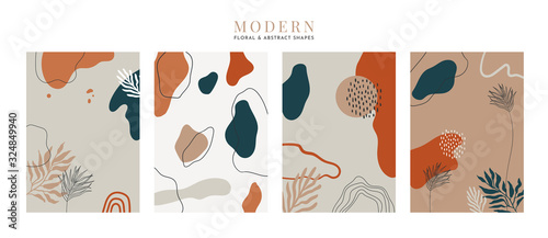 Collection of modern floral and abstract cards . Minimal trendy style leaves and shapes. Abstract universal art web header template. Vector illustartion