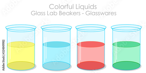 Beakers glassware. Colorful fluids. Yellow red blue green  liquid in the glass lab container, flask. Transparent shiny lab bottle.  2d Cartoon  chemistry illustration Vector
