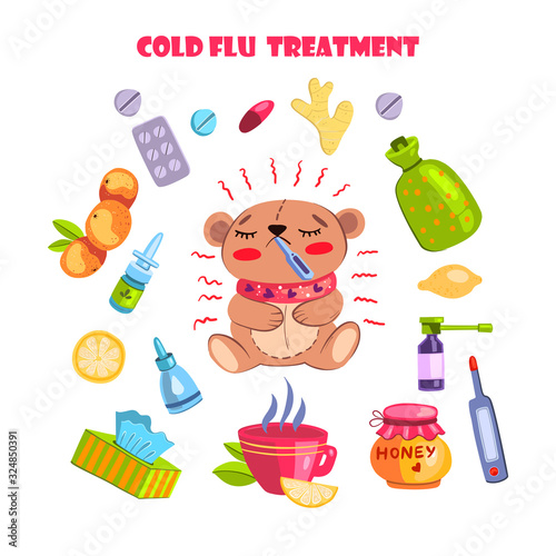 Vector hand drawn flu and virus concept with natural illness treatment elements and sick bear. With honey, tea, lemon, orange, napkins, thermometer, warmer, nasal drops, pills, ginger