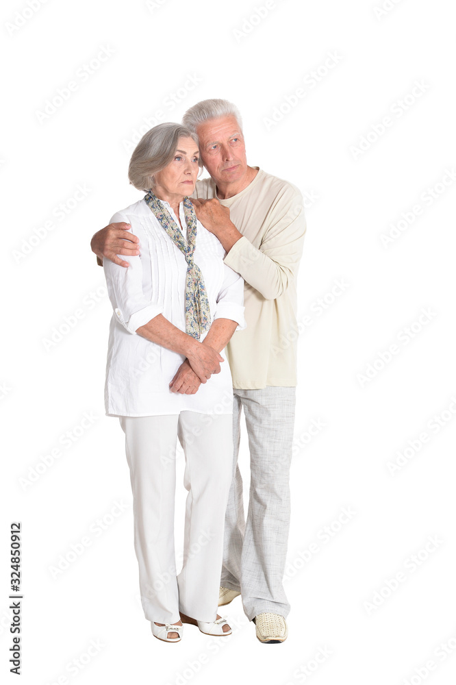 Senior couple hugging isolated on white background, full length Senior couple hugging isolated on white background, full length