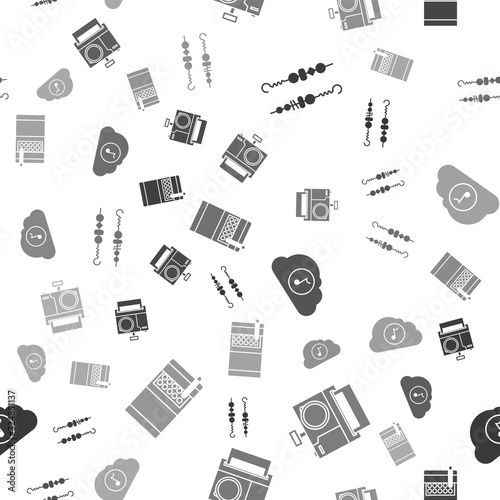 Set Grilled shish kebab, Photo camera , Music streaming service and Open cigarettes pack box on seamless pattern. Vector