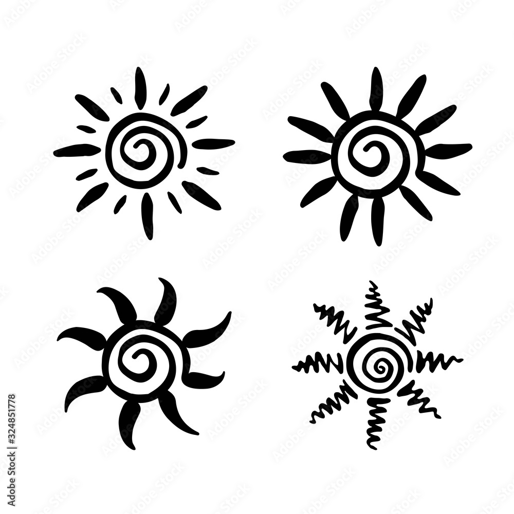 Set of hand drawn sun symbols. Silhouette of suns. Graphic elements for decorative ornament. Vector illustration isolated