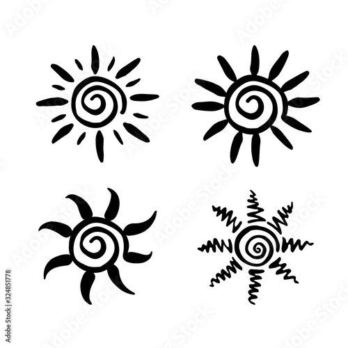 Set of hand drawn sun symbols. Silhouette of suns. Graphic elements for decorative ornament. Vector illustration isolated