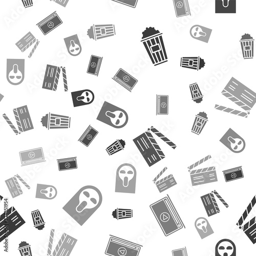 Set Popcorn in cardboard box , Online play video , Movie clapper and Funny and scary ghost mask on seamless pattern. Vector