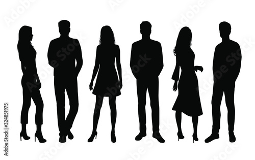 Vector silhouettes of  men and a women, a group of standing  business people, black color isolated on white background