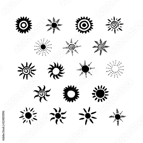 Set of hand drawn sun symbols. Silhouette of suns. Graphic elements for decorative ornament. Vector illustration isolated