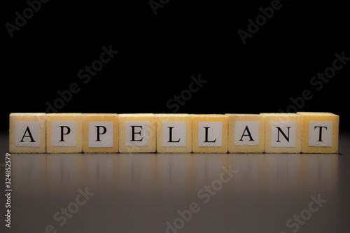 The word APPELLANT written on wooden cubes isolated on a black background...