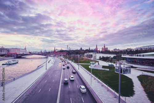 Beautiful city landscape. Sunset on Moscow River .