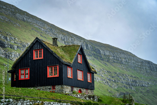 Scenic view of small village in Faroe Islands - Kirkjuboargardur.