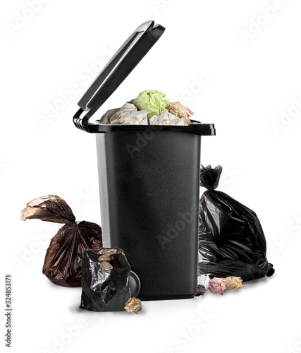 Black garbage bin on the white