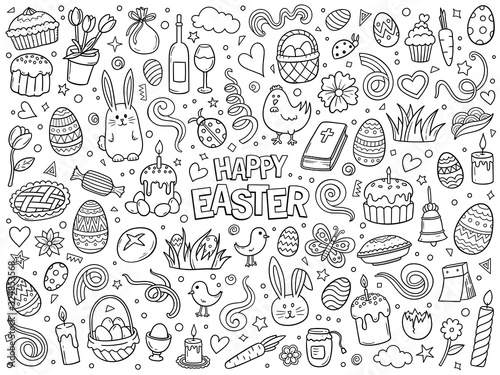 Cartoon hand drawn vector doodle set of traditional Easter items.